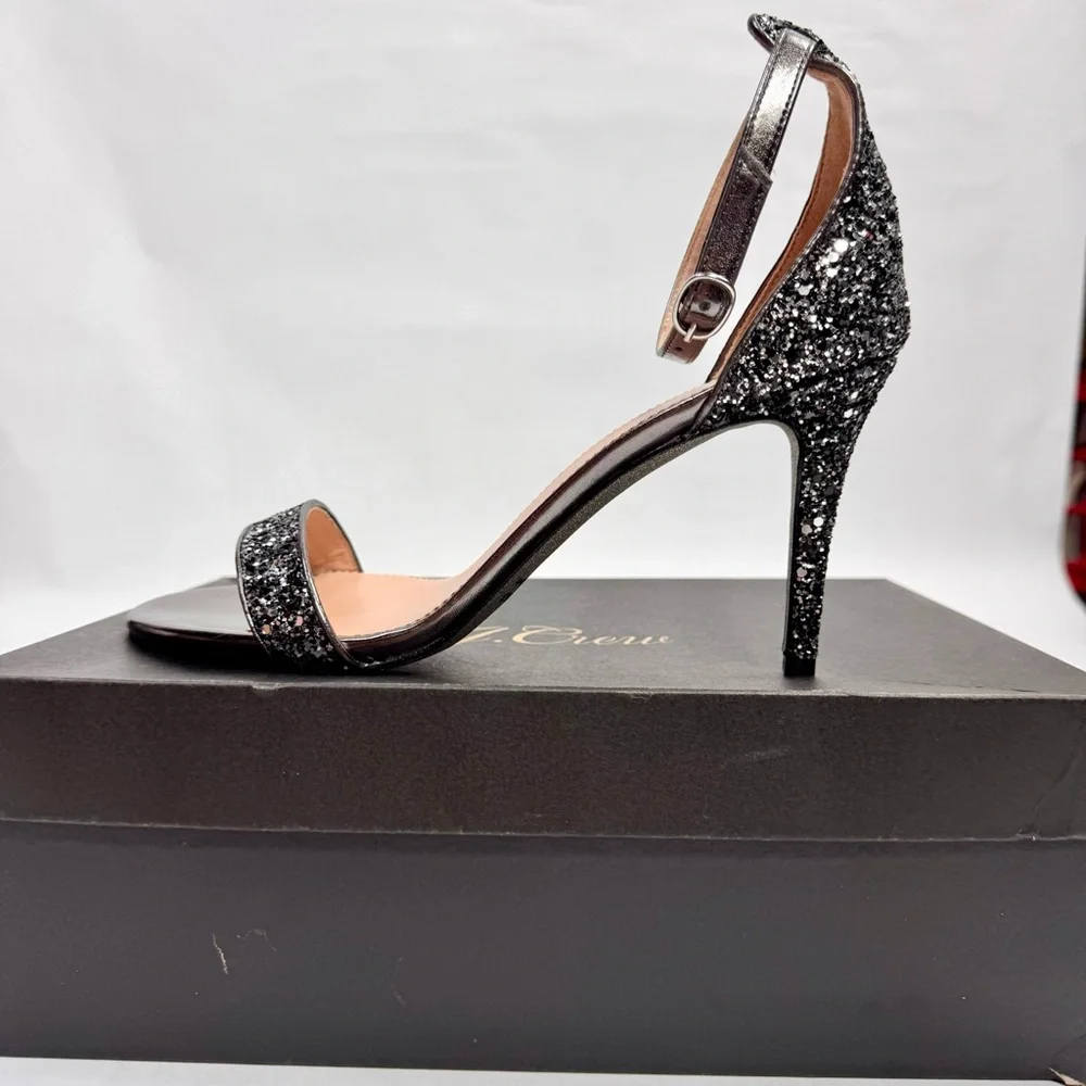 NEW - J. Crew Riley Sandal Stiletto Heels Silver Gunmetal Glitter Size 9.5 NIB